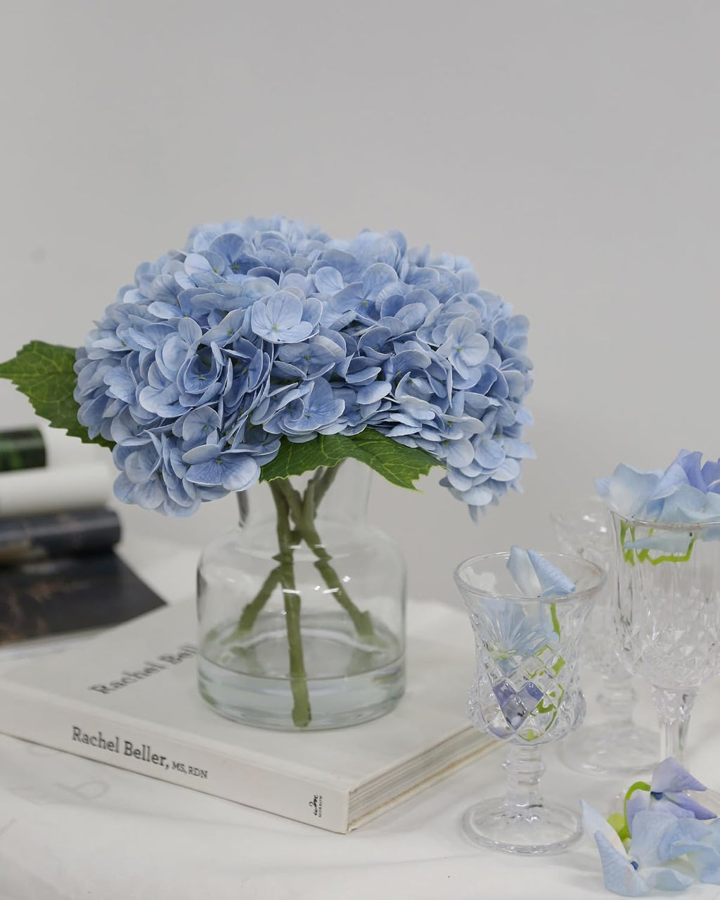 Lifelike Artificial Hydrangea Arrangement in Decorative Vase - Real Touch Fake Flowers for Home, Office, Bathroom or Water Bar Decor, Elegant Table Centerpiece (No Water Needed) (Linght Blue)