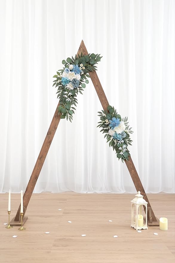 Artificial Flower Swag Set of 2 for Wedding Welcome Signs Floral Decorations, Blue Wedding Arch Flowers for Wedding Ceremony (Blue & Ivory)
