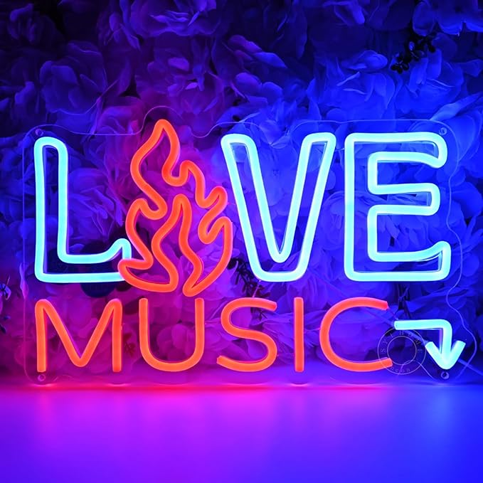 SYLHOME Live Music Led Neon Light Sign Fire Hot Bar Pub Music Studio Club Bedroom Wall Decor Sign Game Room Birthday Christmas Party Decoration 15.75" X 9.84" USB