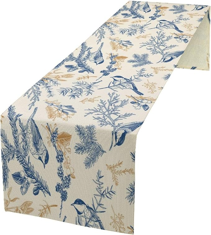Chinoiserie Flowers Table Runner, Seasonal Spring Fall Plants Blue Florals Birds Dinner Runner for Home Kitchen Dining Table Party Holiday Decoration 13"x70"