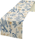 Chinoiserie Flowers Table Runner, Seasonal Spring Fall Plants Blue Florals Birds Dinner Runner for Home Kitchen Dining Table Party Holiday Decoration 13"x90"
