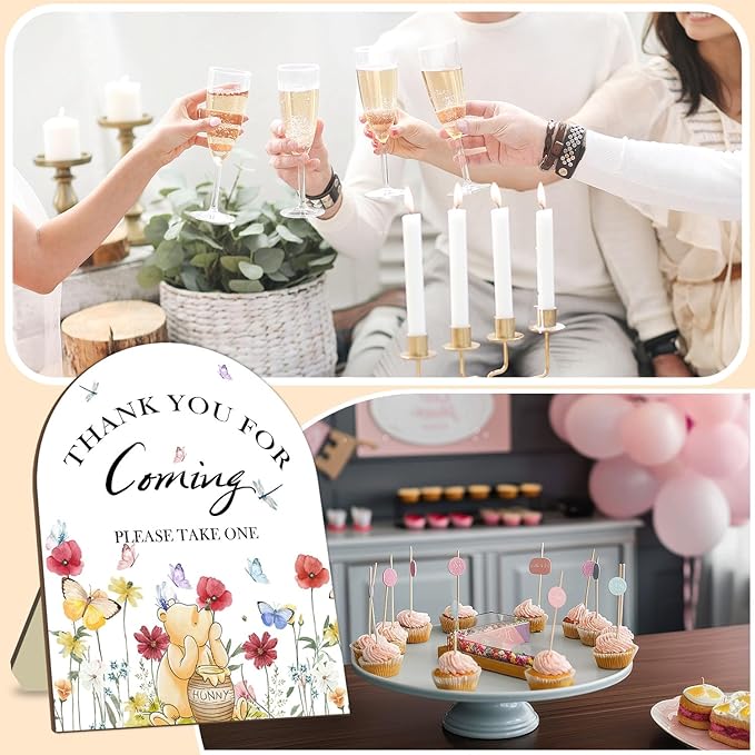 Winnie Bridal Shower Sign, Classic Pooh Thank You Wooden Sign for Women Men, Floral Butterfly Decor Wedding Shower Favors Sign, Bridal Shower Gifts for Guests, Thank You for Coming Please Take One Sign 9*11IN