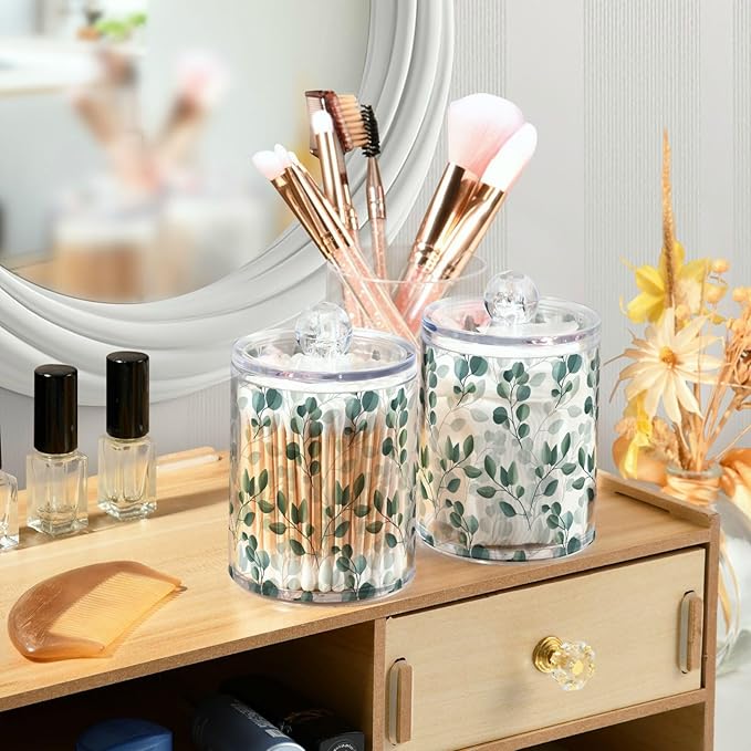 Qtip Holder Dispenser 2 Pack Green Watercolor Floral Leaves Apothecary Jars with Lids Bathroom Vanity Countertop Canister Storage Organizer for Cotton Ball,Swabs,Pads,Floss