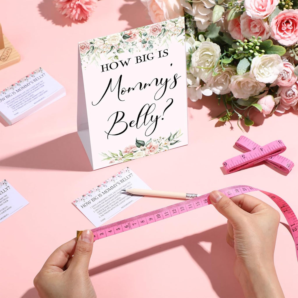 Sabary 64 Pcs Baby Shower Games Include How Big is Mommy's Belly Sign Measure Bump Game 50 Cards 10 Pencils 3 Measuring Tapes for Baby Shower Gender Reveal Party Supplies(Flower)