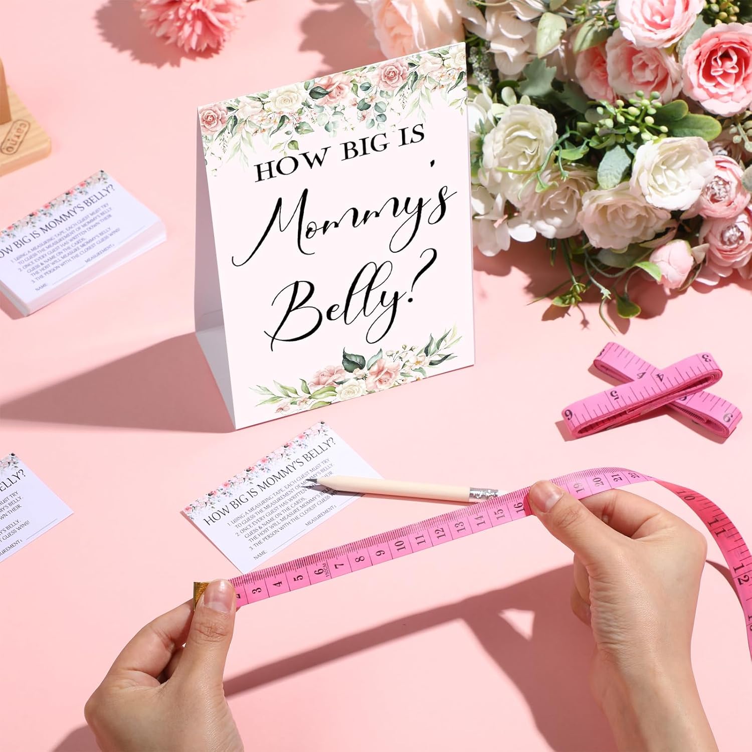 Sabary 64 Pcs Baby Shower Games Include How Big is Mommy's Belly Sign Measure Bump Game 50 Cards 10 Pencils 3 Measuring Tapes for Baby Shower Gender Reveal Party Supplies(Flower)