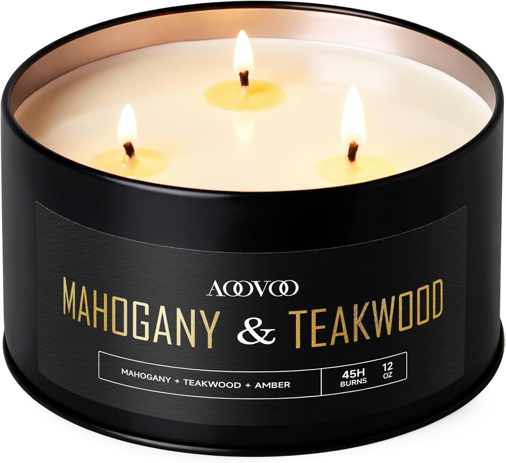 AOOVOO Mahogany Teakwood Candles for Men - 3 Wick 12oz Large Scented Candle, Long Lasting Soy Candles for Home Scented, Strong Fragranced Masculine Black Candle Gift for Father Day, Women & Men