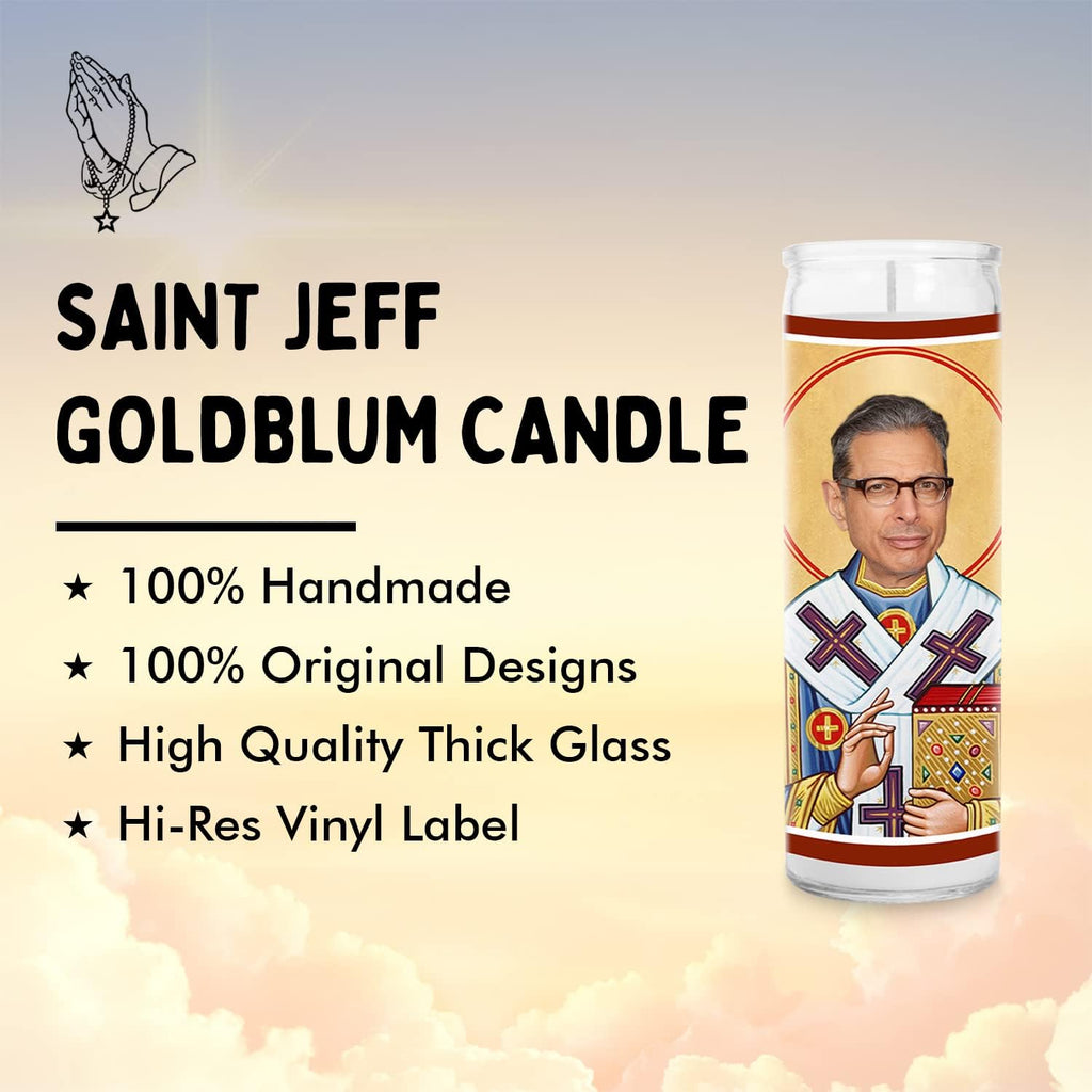 Goldblum Celebrity Glass Jar Candle – Unscented Handmade Soy Wax Votive Candle – Unique Gift for Movie Lovers – Home Decor Collectible for Living Room & Office – 8 Inch