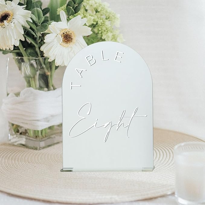 JINMURY Sliver Arch Wedding Table Numbers 1-20 with Stands, 5x7 Inch Acrylic Arch Sign with White Lettering, Sliver Mirror Acrylic Table Numbers for Wedding Reception