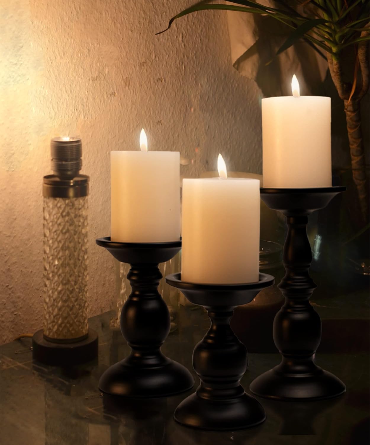 BANOMII Black Pillar Candle Holders Set of 3, Vintage Candle Holder for Table Centerpiece & Fireplace Decor, Decorative Antique Candle Stand for Dining & Living Room Decoration