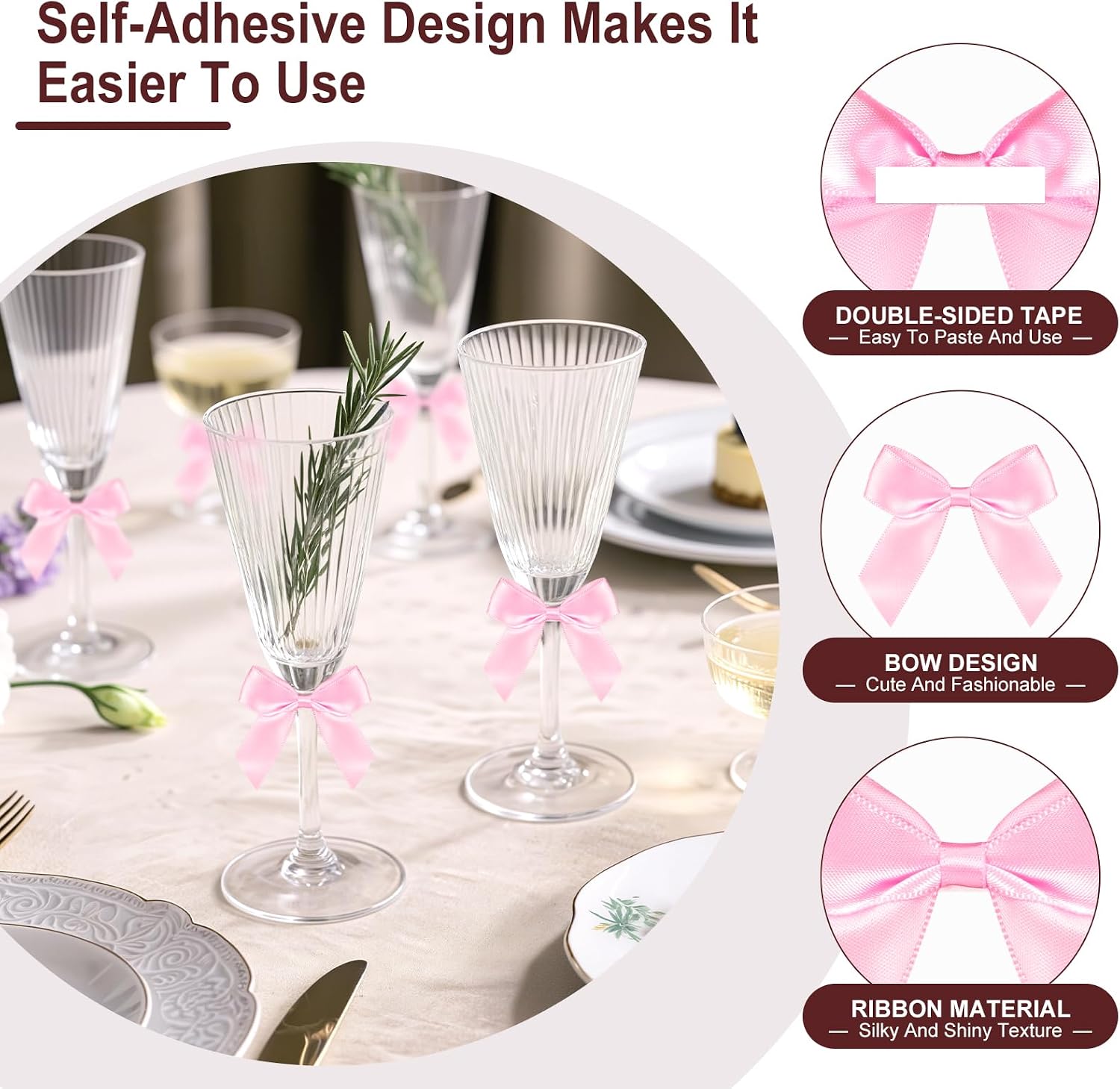 Pink Bow Satin Ribbon for Craft 2" Self Adhesive Premade Mini Bows for Gift Wrapping Crafts, Sewing, Scrapbooking, Weddings, DIY Party Baking Decoration - 50 Counts
