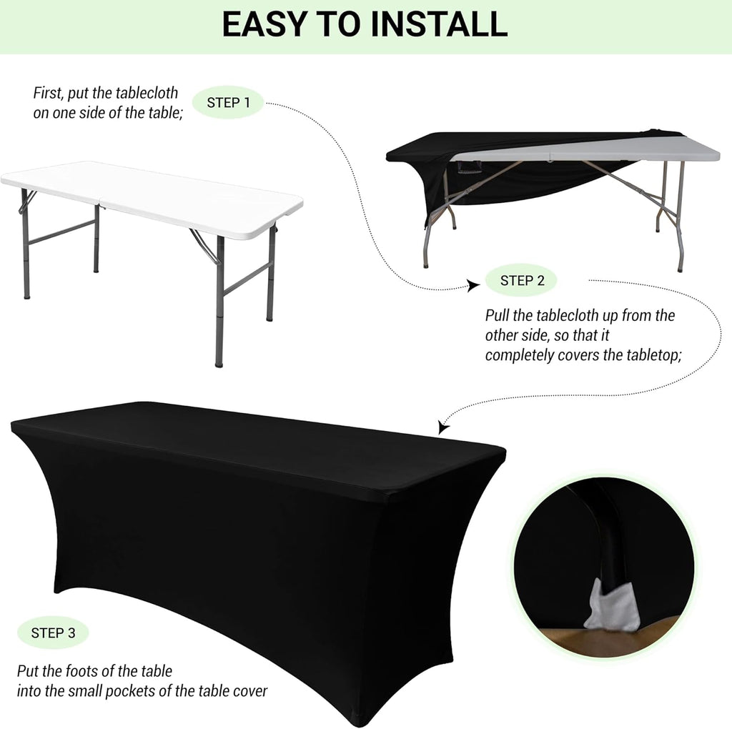 Obstal 6ft Stretch Black Spandex Table Cloth for Standard Folding Tables - 2 Pack Universal Rectangular Fitted Tablecloth Protector for Wedding, Trade Show, Vendor Stand