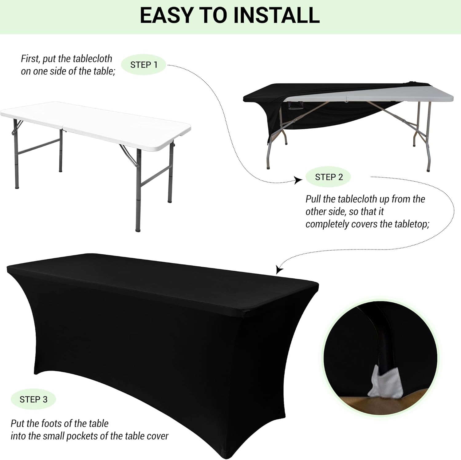 Obstal 6ft Stretch Black Spandex Table Cloth for Standard Folding Tables - 2 Pack Universal Rectangular Fitted Tablecloth Protector for Wedding, Trade Show, Vendor Stand