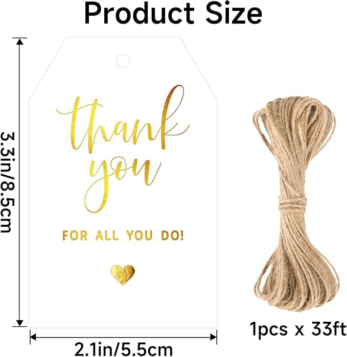joycraft Thank You for All You Do Tags - 50Pcs Gold Foil Thank You Gift Tags with String, 3.3x2.2in Paper Gift Wrap Hangtags for Wedding, Teacher Appreciation, Mother's Day Thanksgiving, Christmas