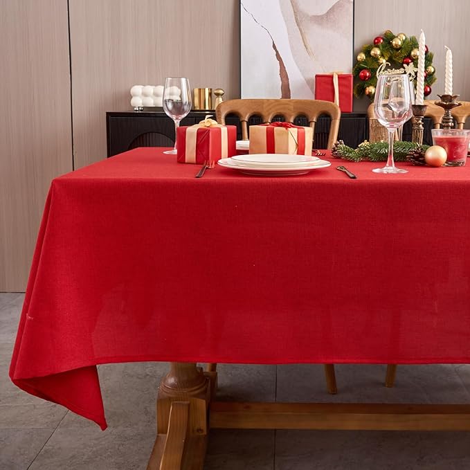 NLMUVW Red Linen Tablecloth Rectangle, Christmas Table Cloth Water Resistant Textured Table Cover for Kitchen Dining Coffee Party, 54 x 96 Inch