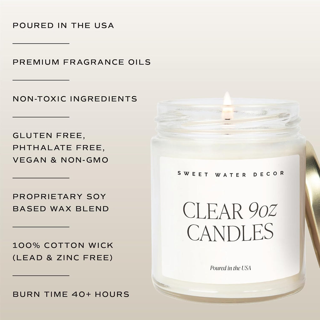 Sweet Water Decor Spa Day Soy Candle - Sea Salt, Jasmine, Wood and Cream Scented Spring Candles for Home - 9oz Clear Jar + Gold Lid, 40+ Hour Burn Time, Made in The USA