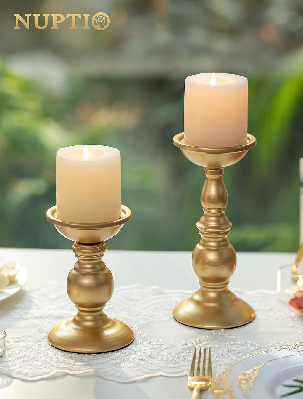 NUPTIO Gold Candle Holder for Table: Tall Brass Candleholder Decorative for Pillar Candles - Metal Vintage Stand for Christmas New Year Fireplace Table Centerpiece Set of 2 (S+L)