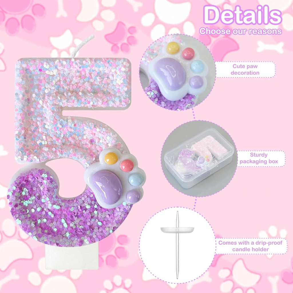 Pink Cat and Dog Paw Birthday Number Candles, Cupcake Decorations, Dog Theme Candles, Suitable for Party Celebrations, Birthday Decoration Supplies (Number 5)