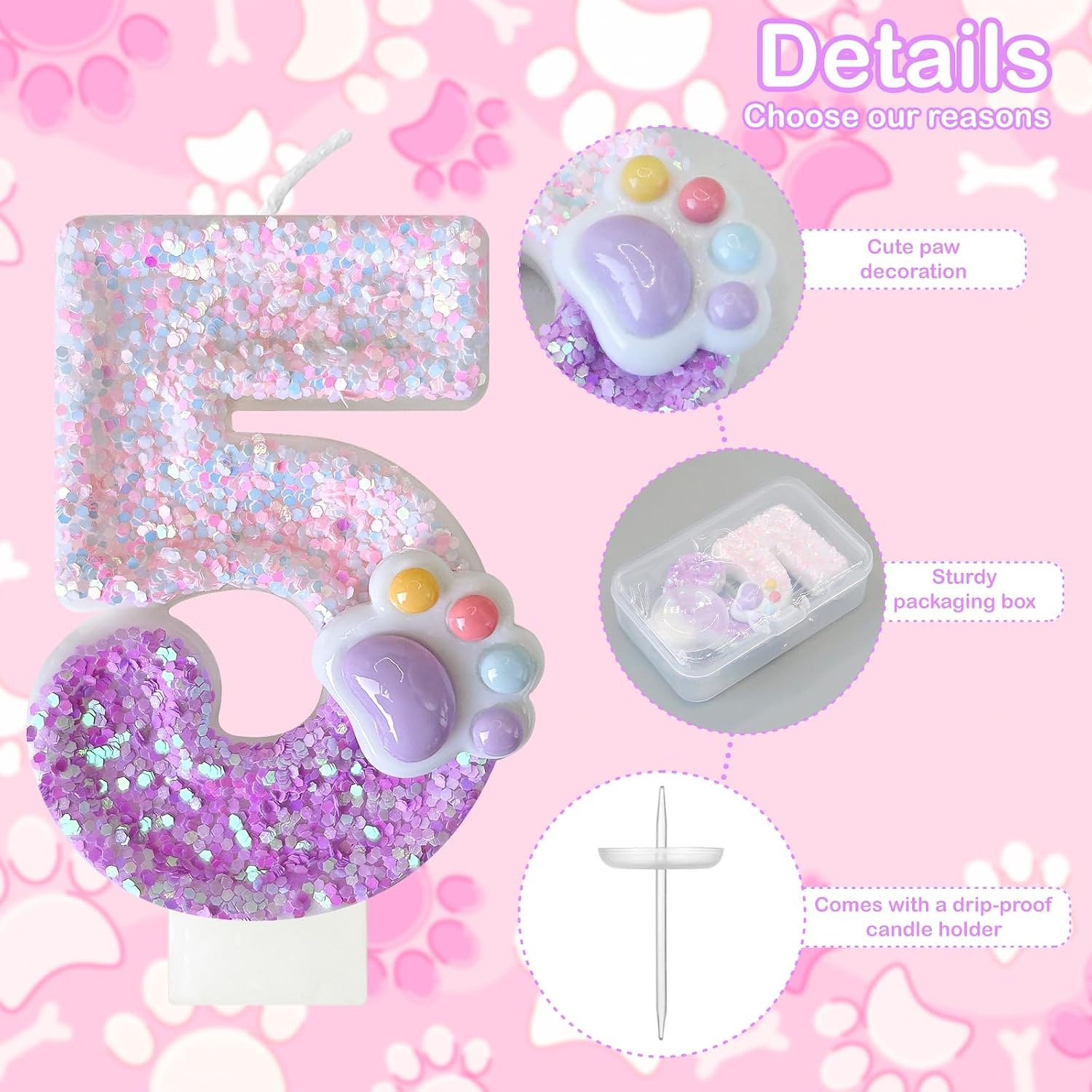 Pink Cat and Dog Paw Birthday Number Candles, Cupcake Decorations, Dog Theme Candles, Suitable for Party Celebrations, Birthday Decoration Supplies (Number 5)
