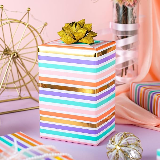 Yarcony Gift Wrapping Paper Roll, Rainbow Wrapping Paper, Colorful Stripes Gift Wrap with Gold Foil for Birthday, Baby Shower, Wedding, Christmas, All Occasions (Mini Roll, 17 Inch X 16.5 Feet)