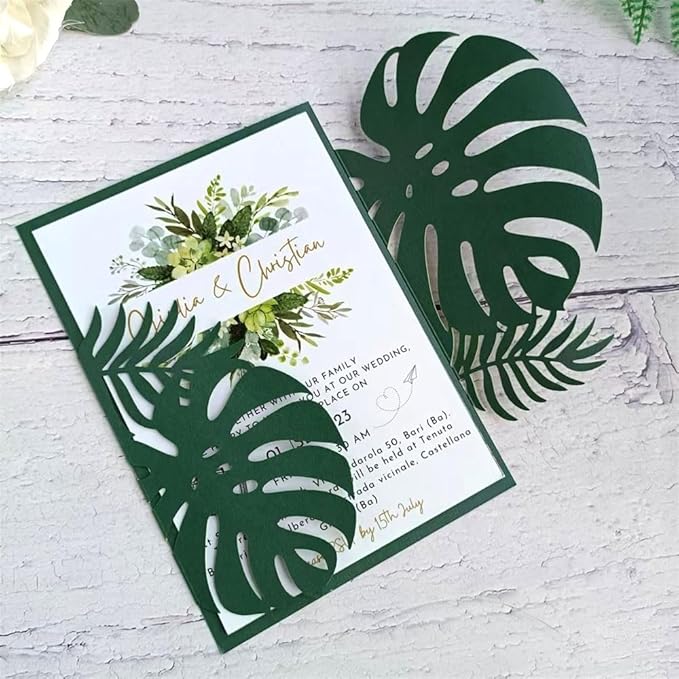 MillaSaw Emerage Green Laser Cut Invitation, Plame Wedding Laser Cut Jacket for 5x7 Card, Tropical Scene Wedding Invitation (emerage green)