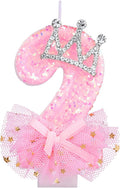 Birthday Number Candles, 2.95 Inch Crown Bow Mesh Candle Glitter Pink Number Candles Cake Topper Birthday Candles with Sequins for Anniversary Celebrations Supplies (Number 2)