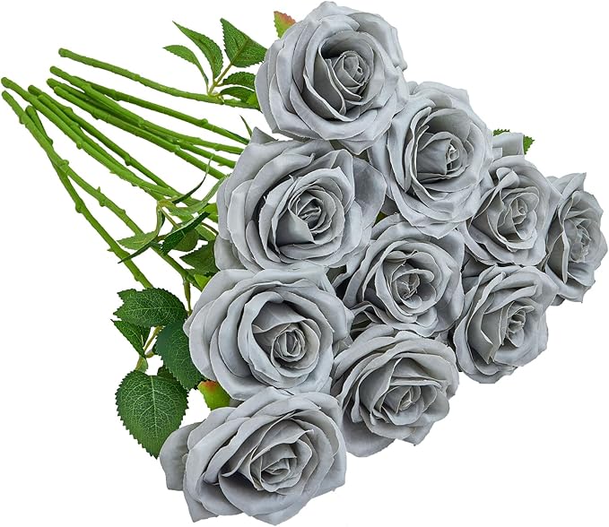 Artificial Rose 10pcs Open Flower Bouquet Faux Rose Stems for Wedding Arrangement, Bridal Bouquet, Centerpiece, Fake Faux Silk Flowers (Grey)