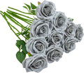Artificial Rose 10pcs Open Flower Bouquet Faux Rose Stems for Wedding Arrangement, Bridal Bouquet, Centerpiece, Fake Faux Silk Flowers (Grey)