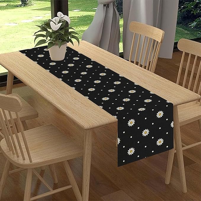 Daisy Floral Table Runner, Farmhouse Abstract Spring Seasonal Summer Blue White Flower Rustic Table Center Decor for Home Kitchen Dining Patio Holiday Party Indoor Table Decorations, 13"x72" Inch