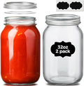 ComSaf Wide Mouth Mason Jars 32 oz with Lids 2 Pcs, Quart Mason Jars with Seal Band, Large Glass Jar, Big Canning Containers for Pickles, Jams, Sauces, Salsa, Sourdough, Juice, Suntea, Food Storage