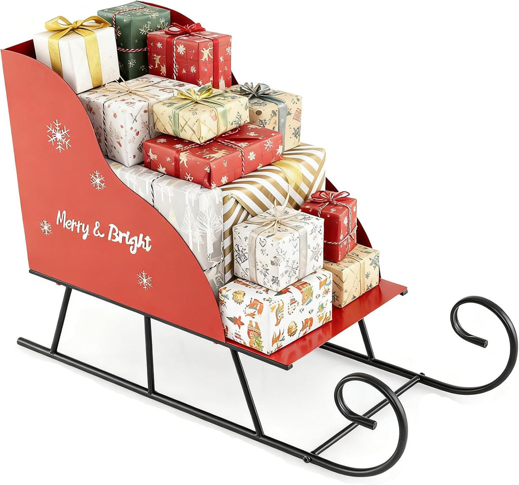 Metal Christmas Santa Sleigh Basket, Red Christmas Sleigh Decoration for Gift Storage, Santa’s Gift Sleigh for Holiday Displays, Festive Decorative Sleigh Cart for Indoor Outdoor Home Party