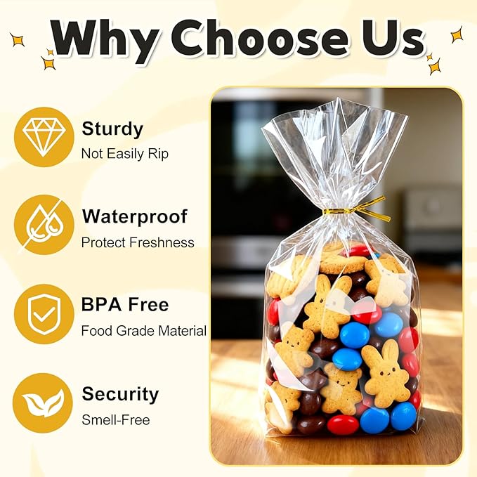 PigPotParty 6"x 9", 100Pcs Bottom Gusset Bags, Clear Plastic Cellophane Treat Goodie Bags with Ties for Party Favor, Candy, Cookie, Popcorn, Small Gift Wrapping (No Side Gusset)