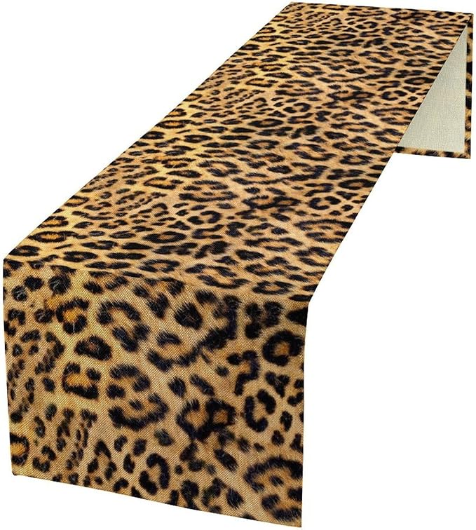 Leopard Print Dinning Table Runner, Cotton Linen Rustic Cottage Country Farm Safari Wildlife Fur Print Table Runners for Table Dresser Runner Dinning Kitchen Party Holidays Home, 13x36 Inch