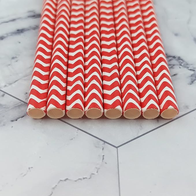 YAOSHENG Premium Disposable Waves Striped Drinking Paper Straws, Pack 100 Red Waves Paper Straws for Cocktail Party Supplies,Birthday,Bridal/Baby Shower,Juice,Shakes (Red Waves)
