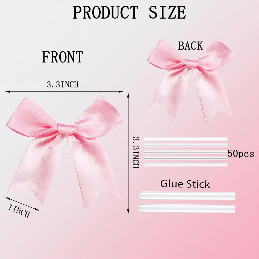 50 Pcs Twist Tie Bows Satin Ribbon Bow 3.3 Inch Gift Wrap Bow Craft Bows for Gift Wrapping, Party Decorations Gifts Bag DIY Treat Bags Light Pink
