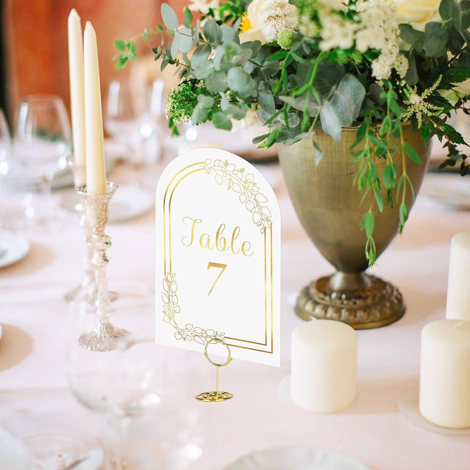 JOYIT 20 Sets Wedding Table Numbers 1-20 with 20 Pcs Holders, White Gold Cards with Place Card Holders, 4" x 6" for Wedding Reception and Birthday