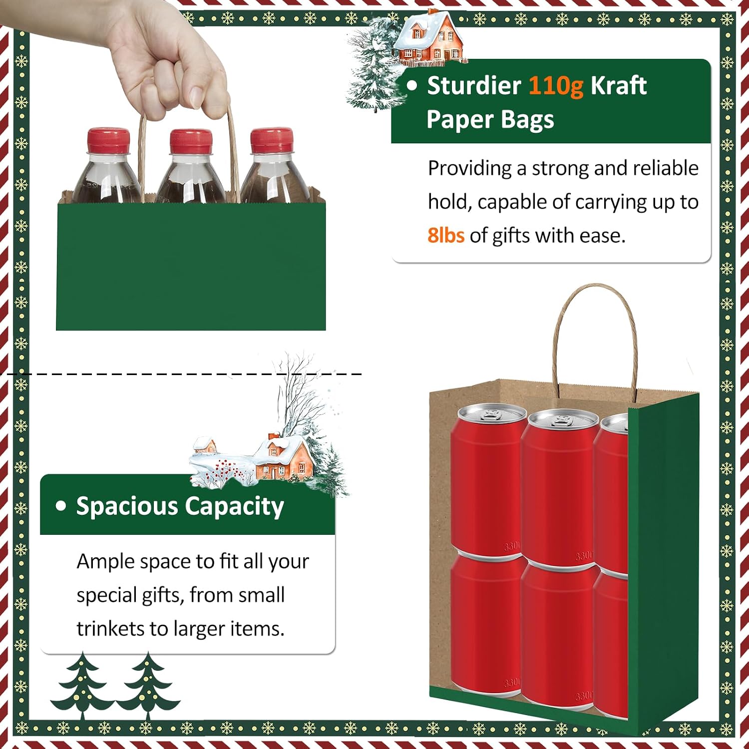 BagDream Forest Green Gift Bags with Handles 8x4.25x10.5 Inch 25Pcs Medium Kraft Paper Bags for Christmas, Thanksgiving, Craft, Party Favors, Retail, Grocery, Recyclable Paper Sacks