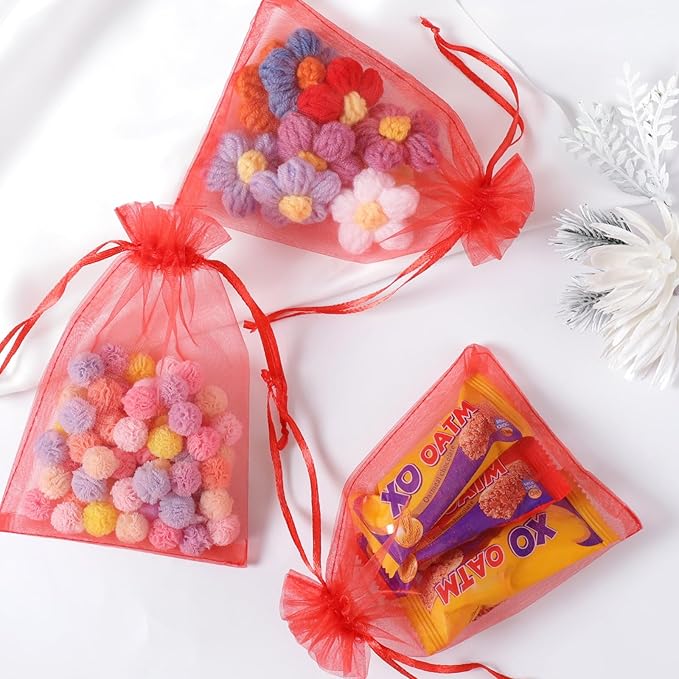 Hopttreely 50pcs Organza Gift Bags, Red Jewelry Gift Bags, 4x6inch Wedding Favor Bags with Drawstring, Small Mesh Gift Pouches Mini Candy Bags for Valentienes Party