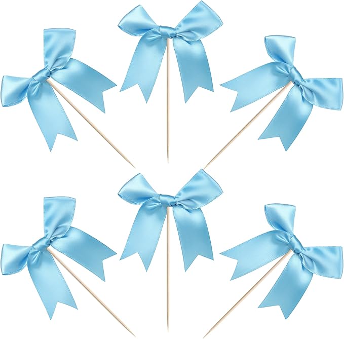 24 PCS Bow Cupcake Toppers Bowknot Cake Toppers Bow Girls Birthday Cake Decorations Bow Cake Dessert Picks Bowknot Cupcake Picks for Baby Shower Birthday Wedding Bridal Engagement Party Supplies Blue