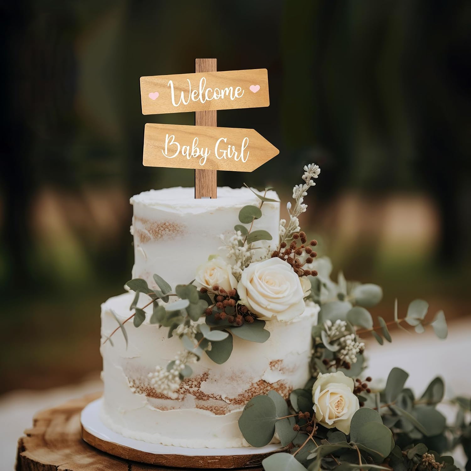 Rustic Welcome Baby Girl Cake Topper in Wood Baby Shower Gender Reveal Party Cake Decoration