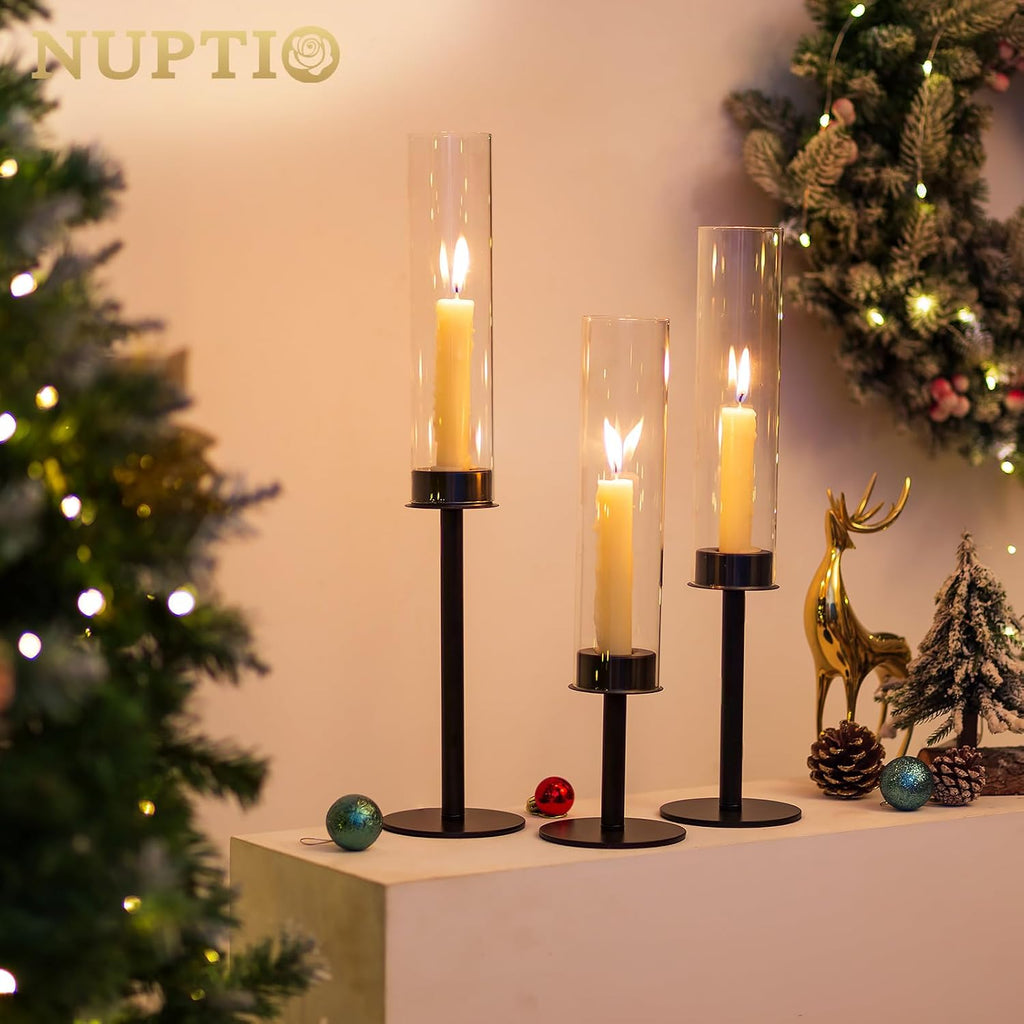 NUPTIO Black Candlestick Holders for Centerpiece: Set of 3 Hurricane Taper Holder with Windproof Glass Cover Long Stem Cylinder Metal Candle Sticks Stands for Halloween Christmas Table Decoration