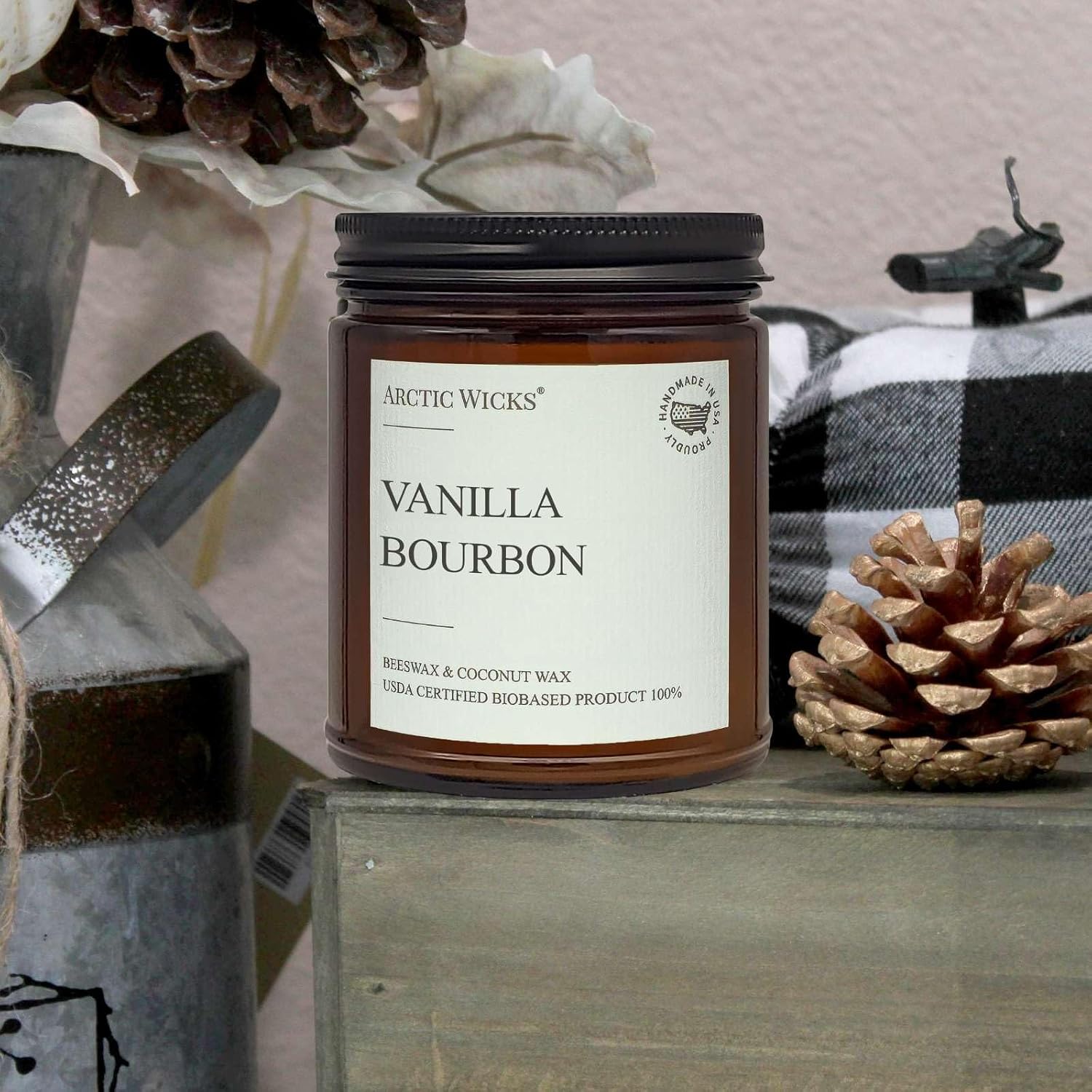 Vanilla Bourbon Candle | Arctic Wicks 9oz Coconut & Beeswax Candles | Scented Non-Toxic Candles for Fall, Winter, Holidays, Gifts for Him, Whiskey Bourbon, Vanilla Candle | USDA Certified Biobased