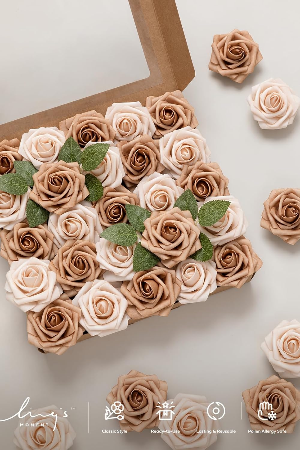 Ling's moment Artificial Flowers 50Pcs Ivory Roses Decor w/Stems,3" DIY Foam Floral for Wedding Bouquet/Centerpieces, Outdoors Party Backdrop, Room/Table, and Garden/Pot Decorations