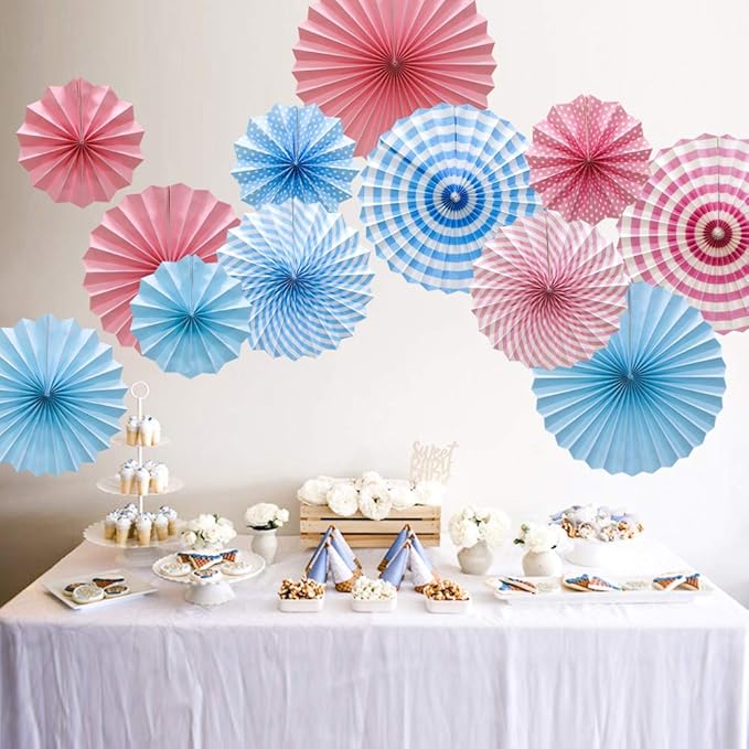 Hanging Paper Fans Party Set, Round Pattern Paper Garlands Decoration for Birthday Baby Boy Shower Graduation Bachelorette, Set of 6 (Blue)