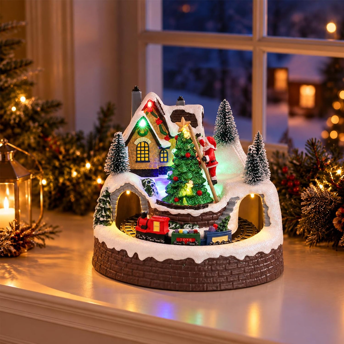 mumtop christmas village house, lighted christmas train sets, front angle view