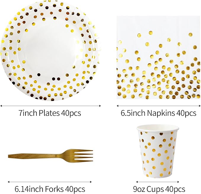 160 Pcs White and Gold Paper Plates, Forks and Cups Party Supplies, Disposable Paper Dessert Cake Plates Tableware Supplies for Birthdays, Graduations, Weddings, Holidays (40 Guests)