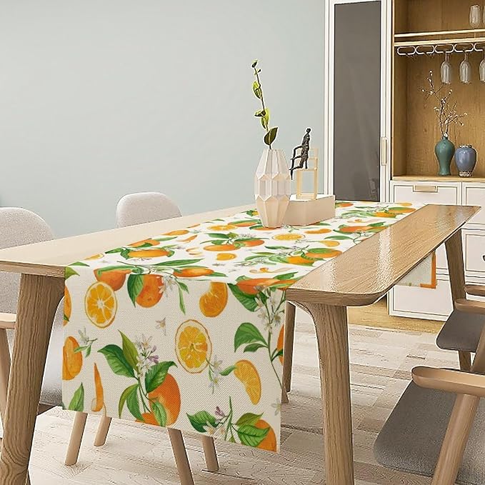 Spring Summer Orange Table Runner Vintage Citrus Lemon Fruit Mandarin Floral Dinner Runner for Farmhouse Baby Shower Party Holiday Home Kitchen Dining Table Decor 13x36