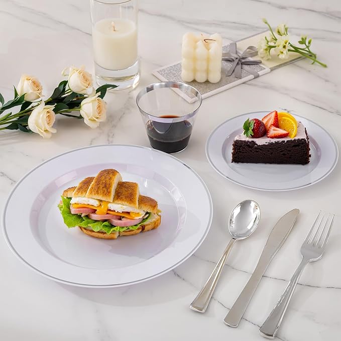 SUT 175 Pcs Silver Plastic Dinnerware Set for 25 Guests, Include: 25 Dinner Plates, 25 Dessert Plates, 25 Pre Rolled Napkins With Silver Silverware, 25 Cups, Disposable Plates for Wedding, Party