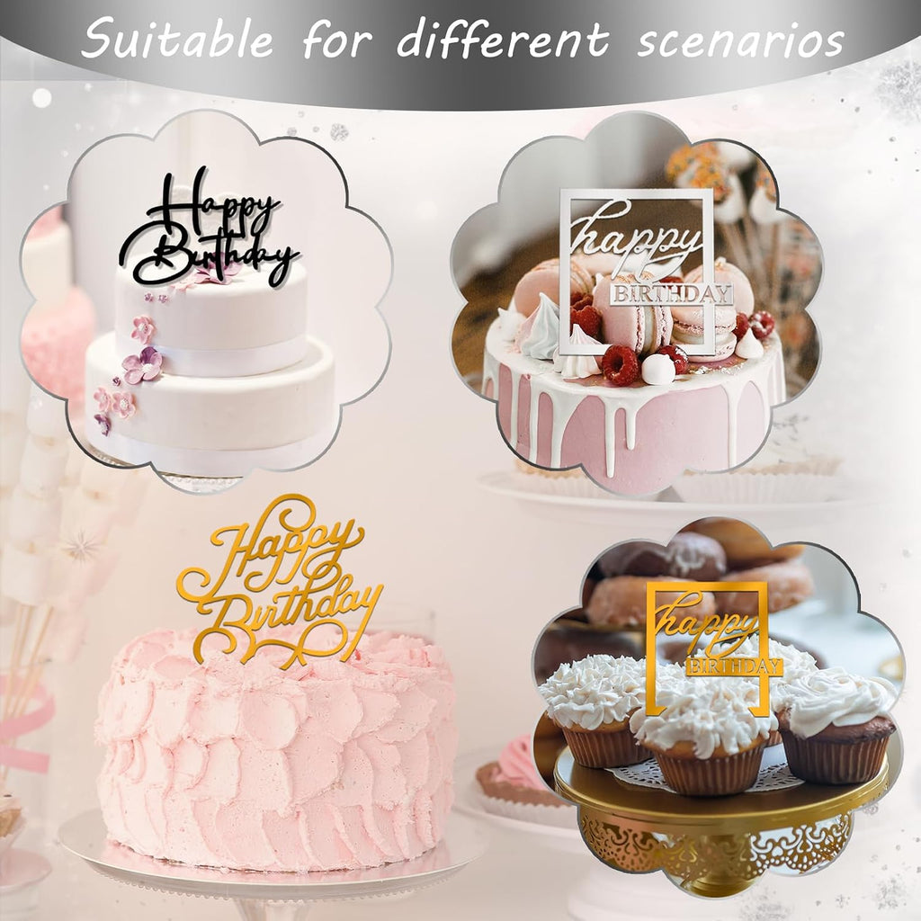 30PCS Happy Birthday Cake Topper Acrylic Cake Toppers for Party Supplies | Mirror Design Total 10 Styles Double-Sided DIY Gift Gold Silver Black Mixed