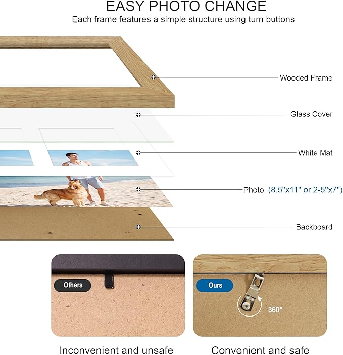 8.5x11 Picture Frame Set of 2, Natural Oak Certificate Document Frames with Glass Collage Frame, Display Pictures Two 5x7 With Mat or 8.5 x 11 Without Mat for Wall Hanging or Tabletop
