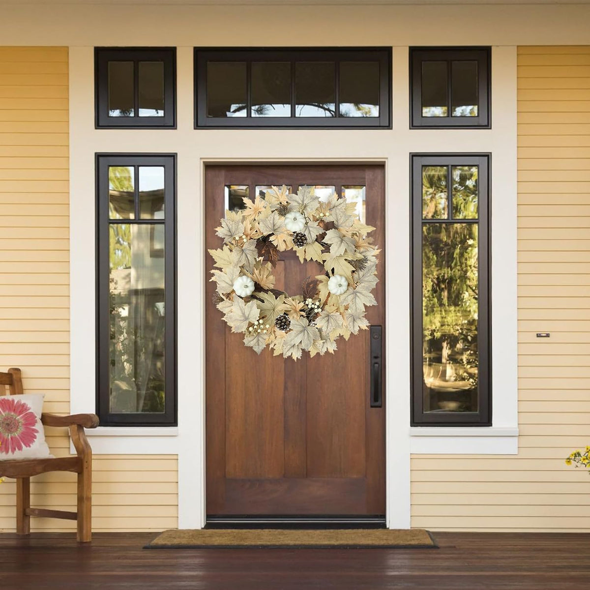 Realistic Fall Wreath with Lights, 22" Fall Wreaths for Front Door with ...